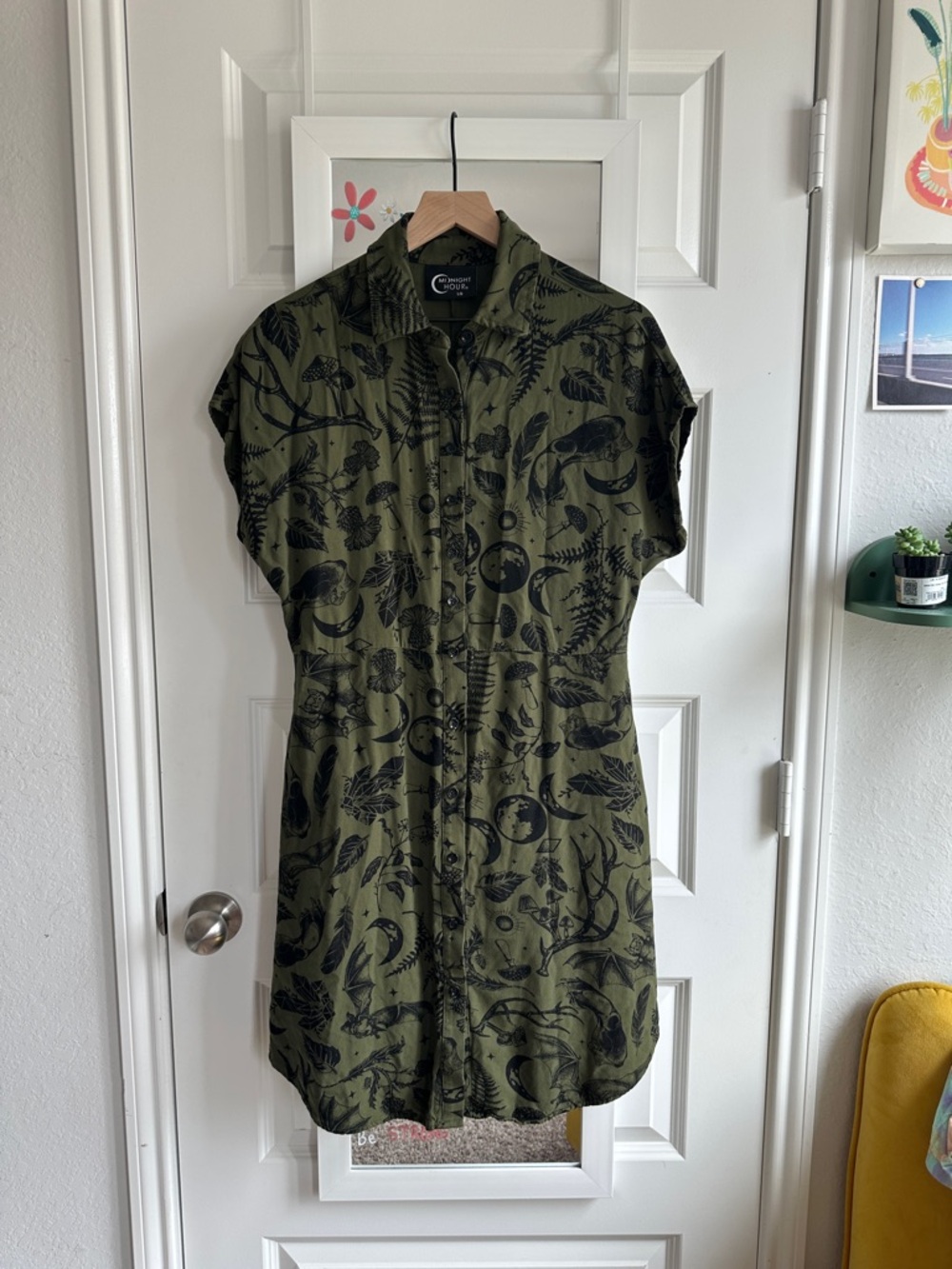 Crescent Moon Olive Green Button-Front Shirt Dress by Midnight Hour - Picture 3 of 9